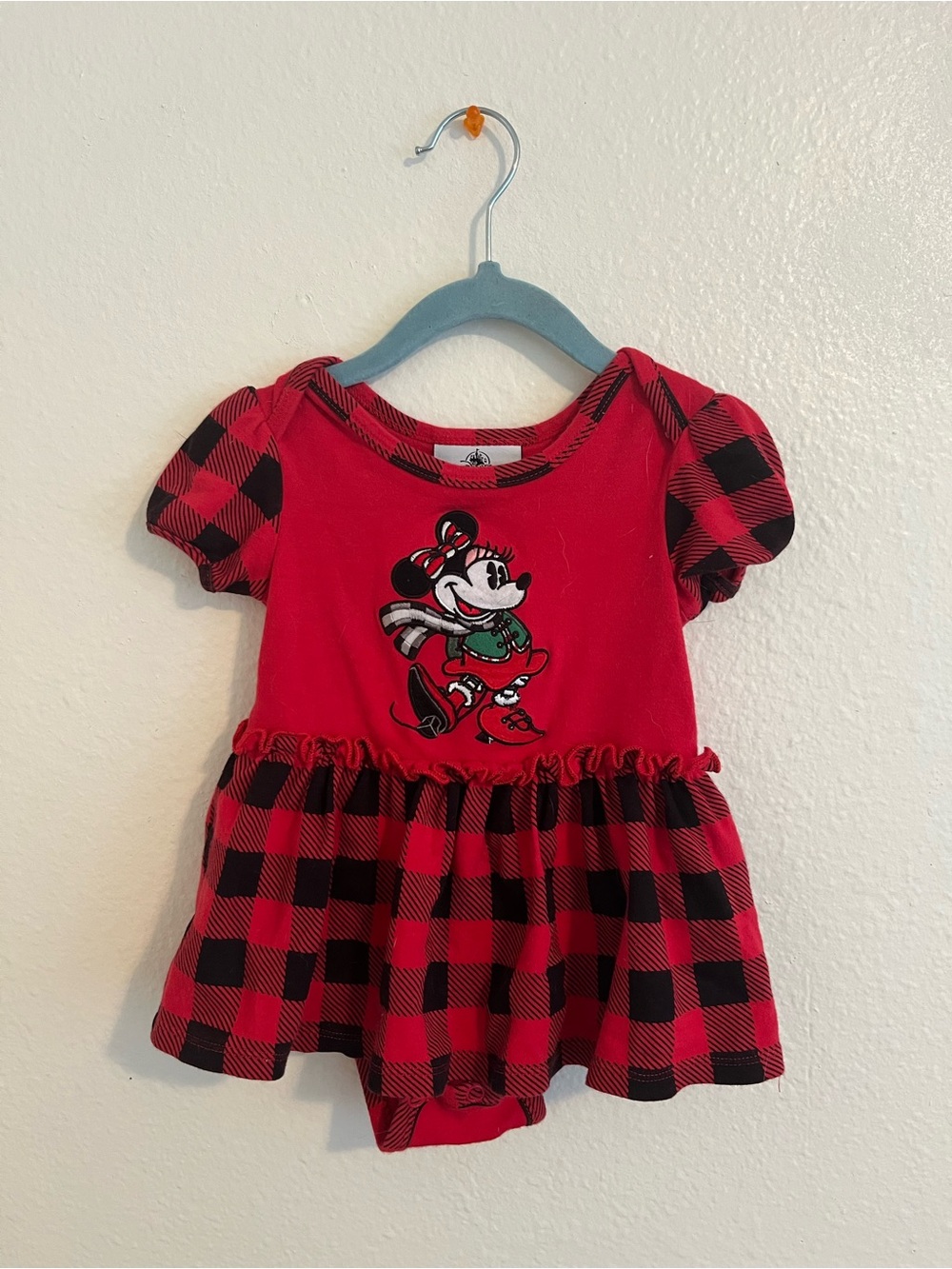 Disney Red and Black Minnie Mouse Buffalo Plaid One-Piece Bodysuit
